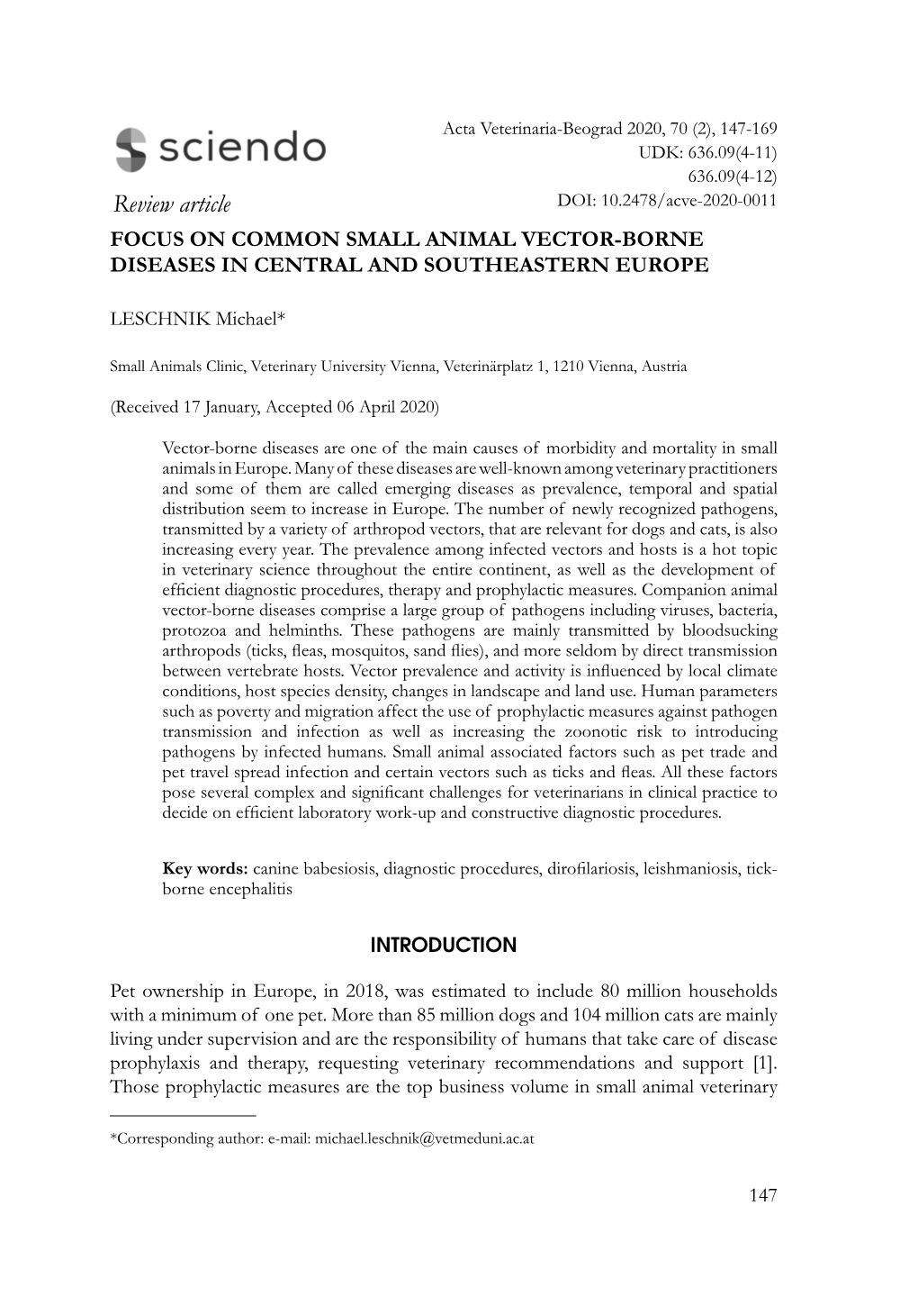 Review Article DOI: 10.2478/Acve-2020-0011 FOCUS on COMMON SMALL ANIMAL VECTOR-BORNE DISEASES in CENTRAL and SOUTHEASTERN EUROPE