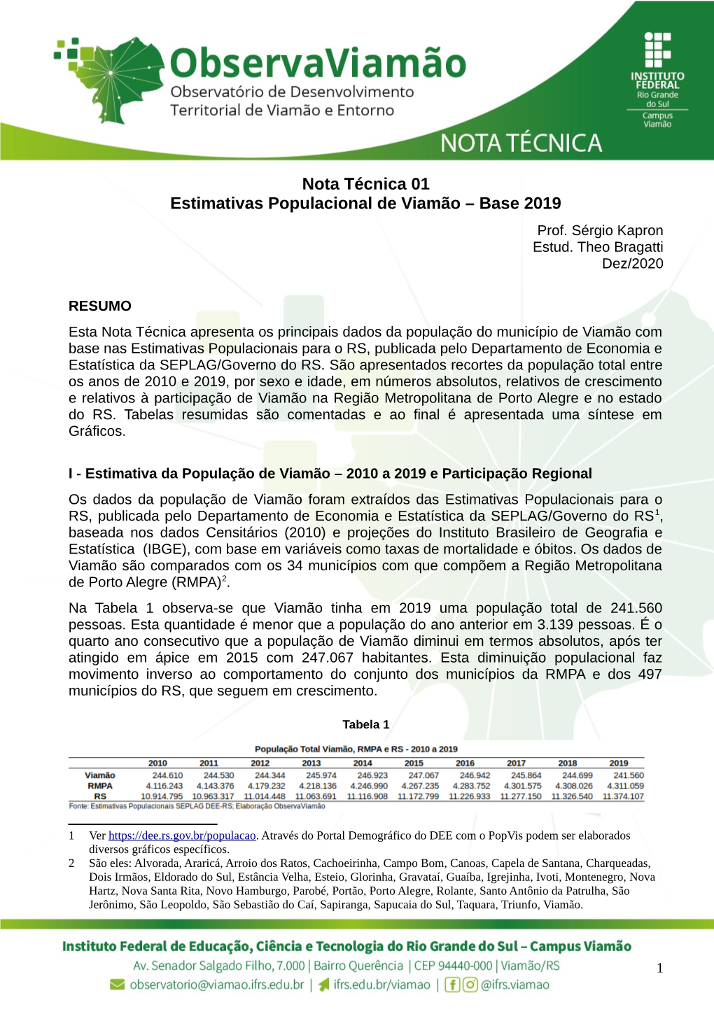 Nota Técnica 01 Estimativas Populacional De Viamão – Base 2019 Prof