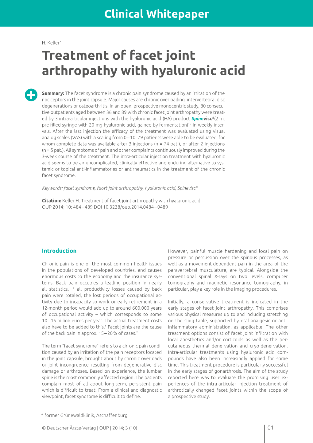 Treatment of Facet Joint Arthropathy with Hyaluronic Acid