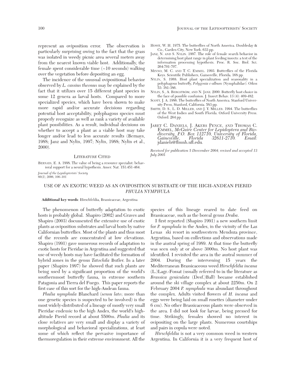 Use of an Exotic Weed As an Oviposition Substrate of the High-Andean Pierid Phulia Nymphula