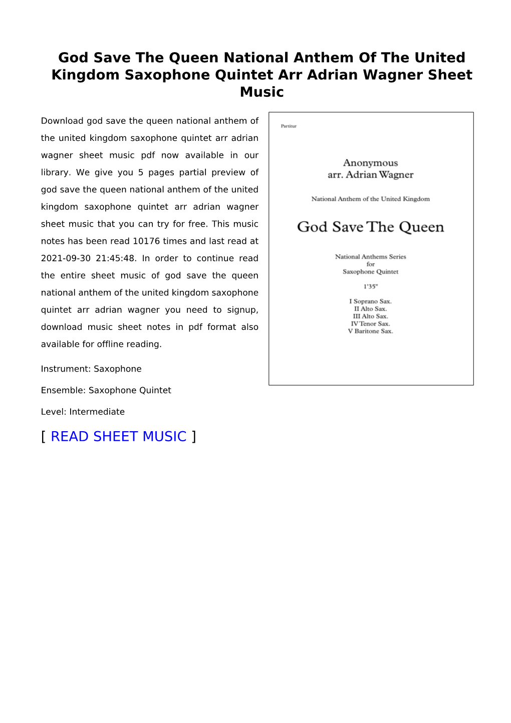 God Save the Queen National Anthem of the United Kingdom Saxophone Quintet Arr Adrian Wagner Sheet Music