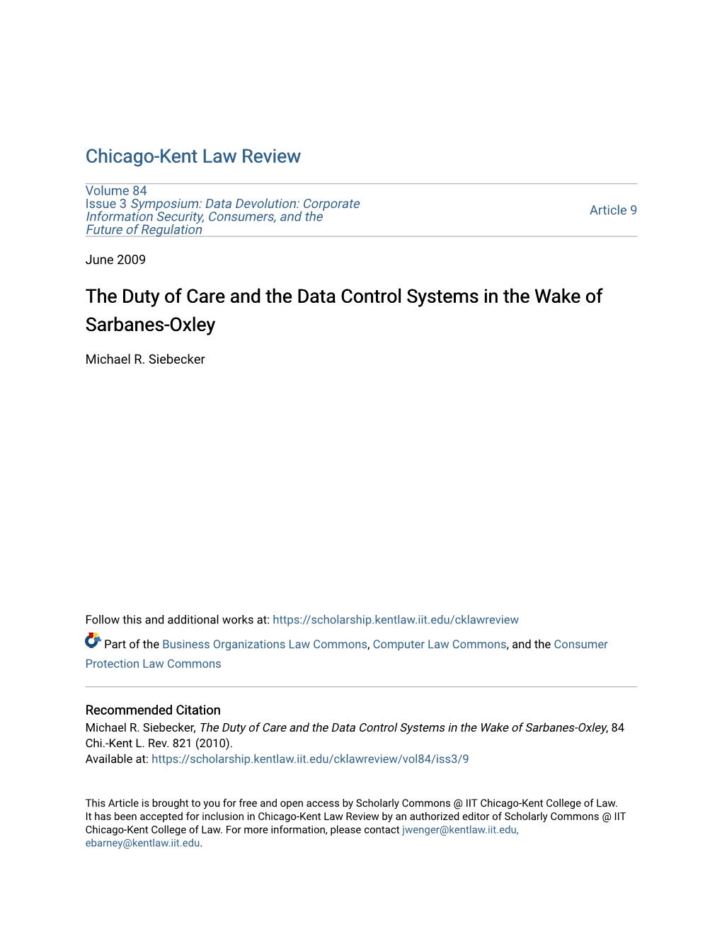 The Duty of Care and the Data Control Systems in the Wake of Sarbanes-Oxley