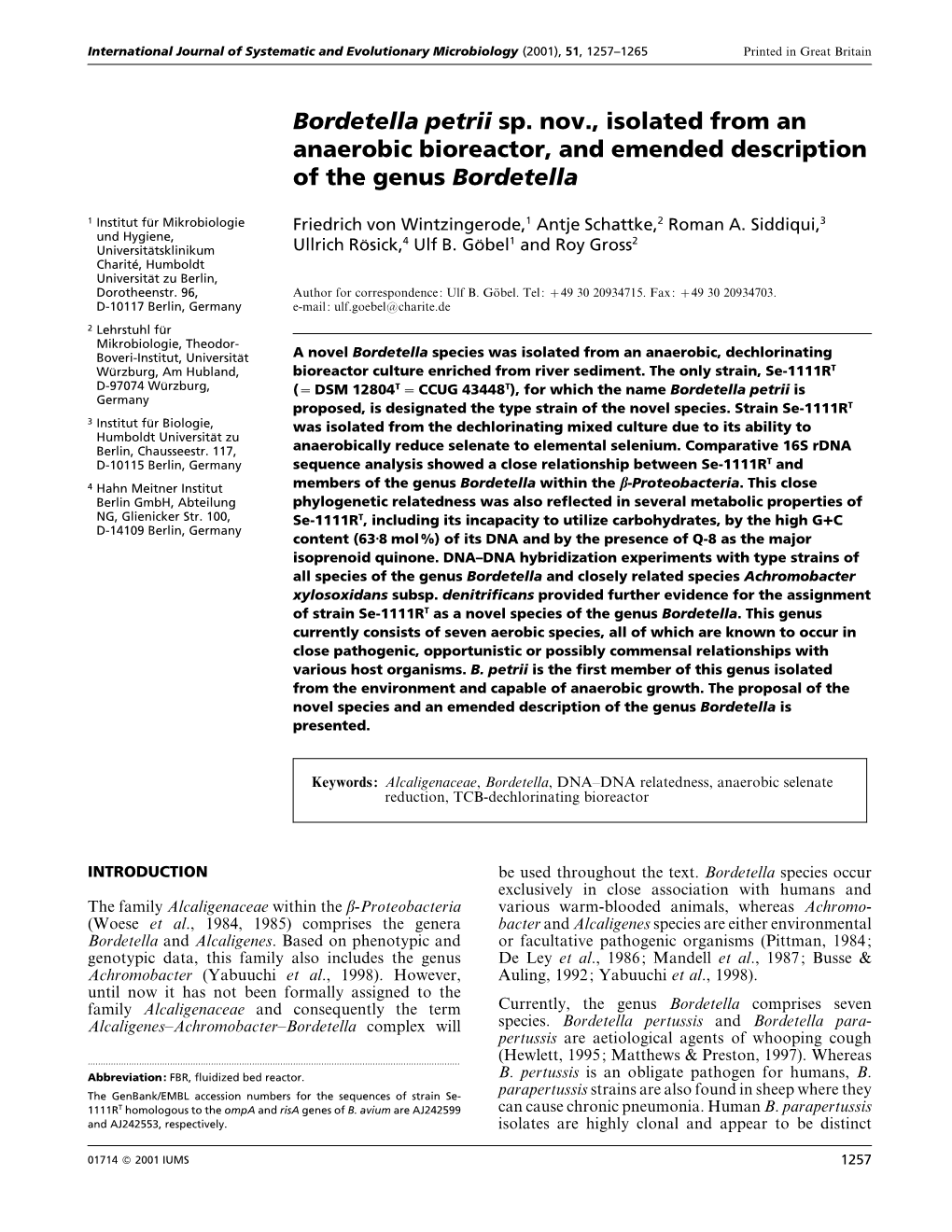 Bordetella Petrii Sp. Nov., Isolated from an Anaerobic Bioreactor, and Emended Description of the Genus Bordetella