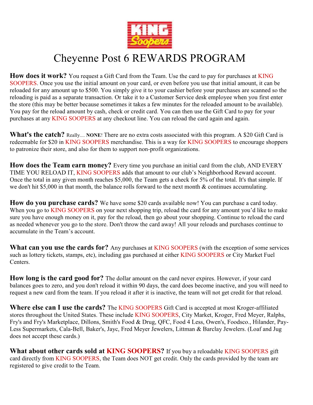 Cheyenne Post 6 REWARDS PROGRAM