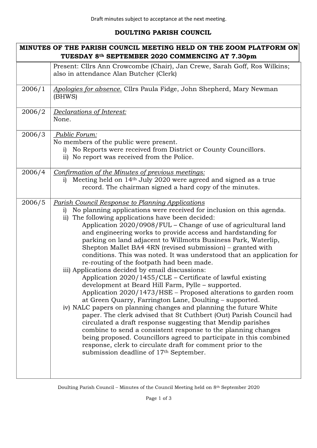 613 Minutes for Parish Council Meeting