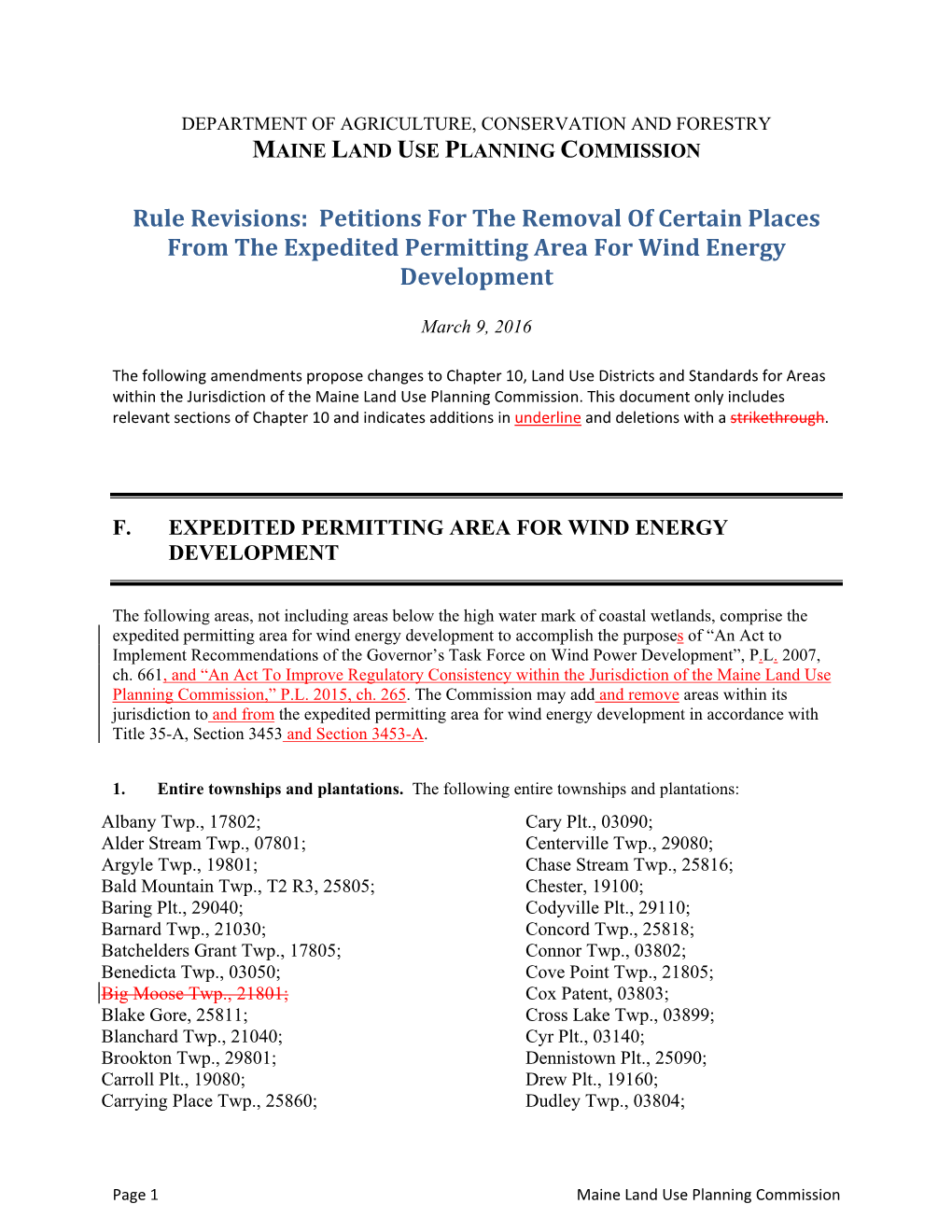 Rule Revisions: Petitions for the Removal of Certain Places from the Expedited Permitting Area for Wind Energy Development