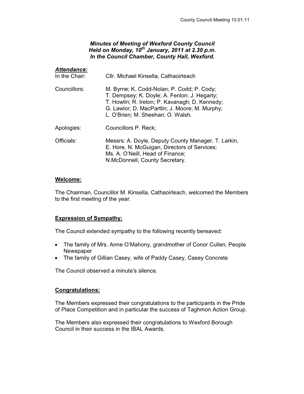 Minutes of Meeting of Wexford County Council Held on Monday, 10Th January, 2011 at 2.30 P.M. in the Council Chamber, County Hall, Wexford