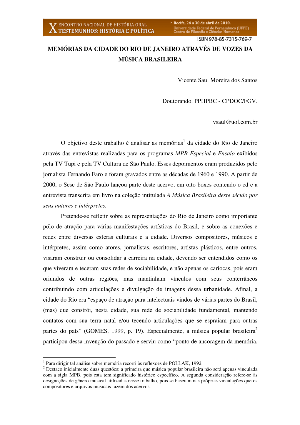 Memórias Da Cidade Do Rio De Janeiro Através De Vozes Da Música Brasileira