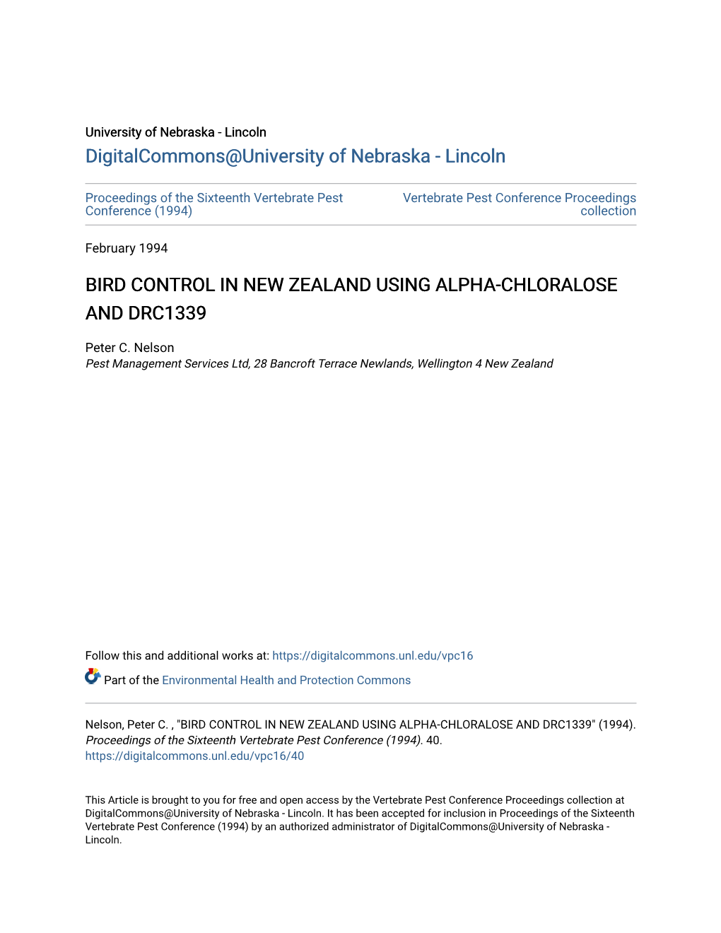 Bird Control in New Zealand Using Alpha-Chloralose and Drc1339