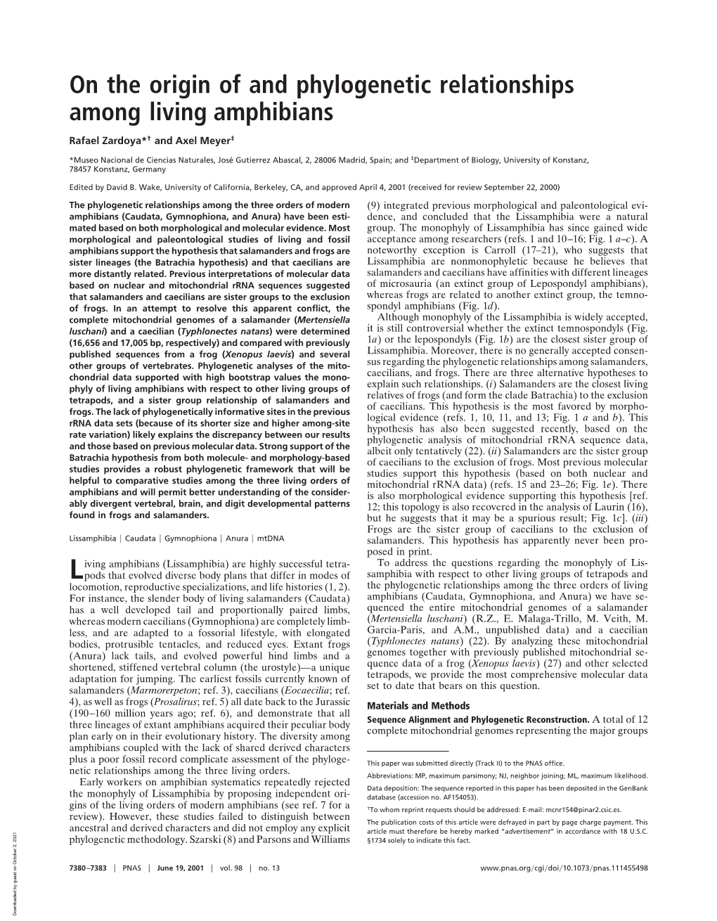 On the Origin of and Phylogenetic Relationships Among Living Amphibians