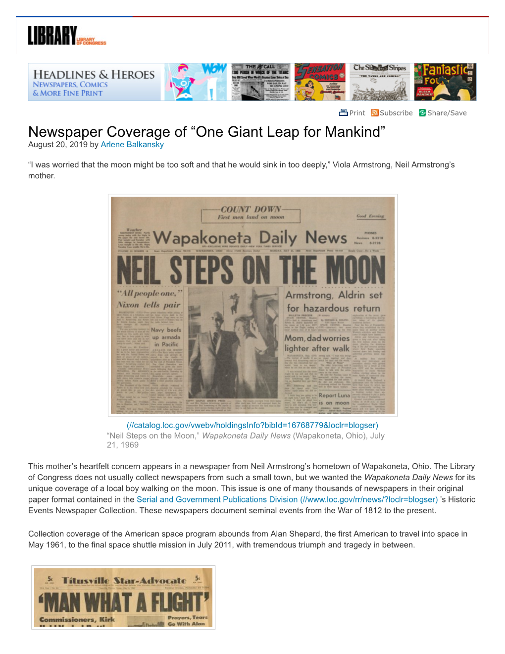 Newspaper Coverage of “One Giant Leap for Mankind” August 20, 2019 by Arlene Balkansky