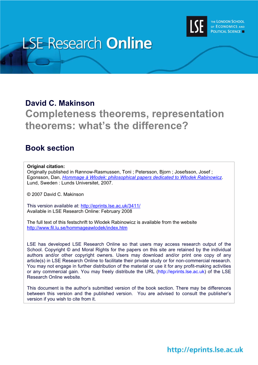 David C. Makinson Completeness Theorems, Representation Theorems: What’S the Difference?