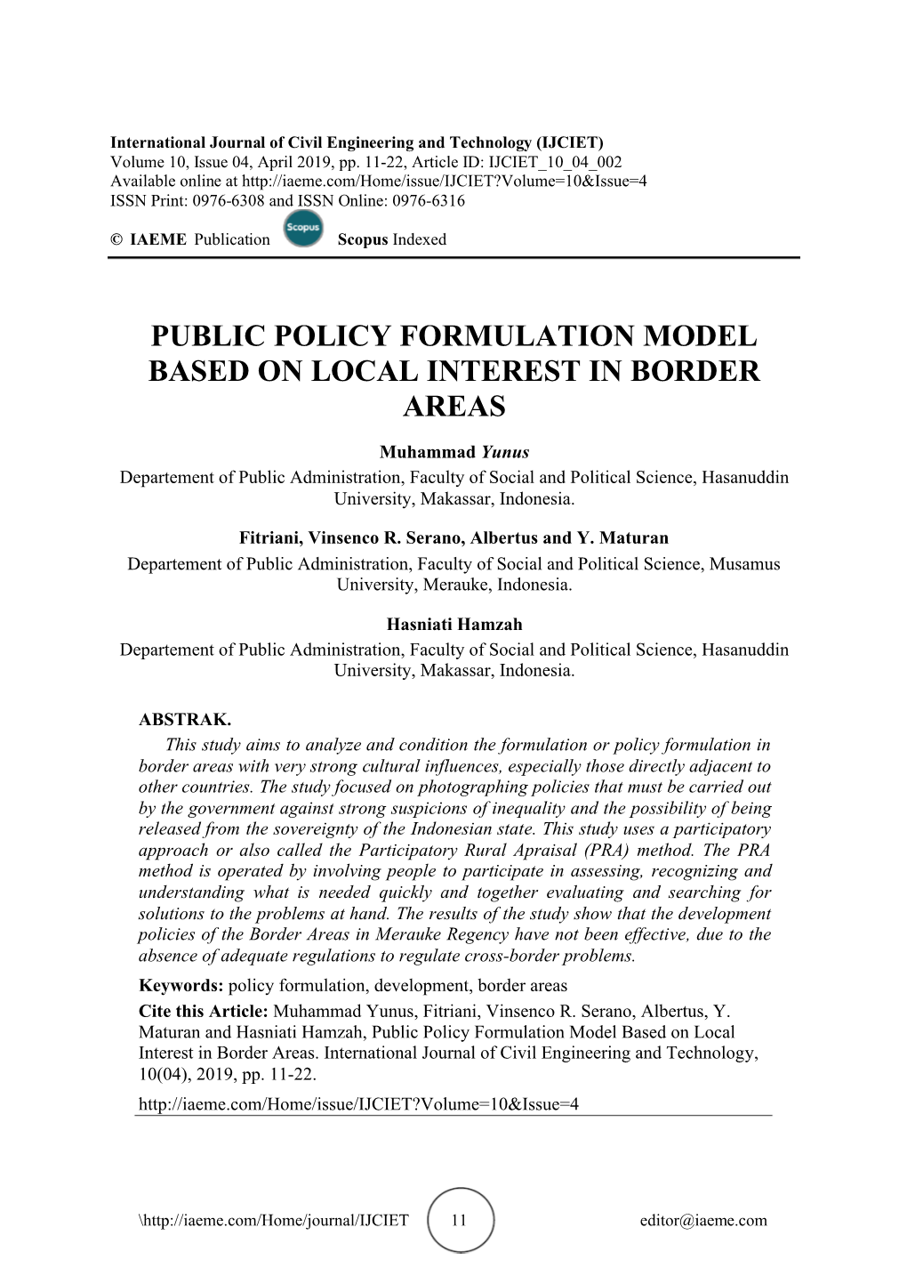 Public Policy Formulation Model Based on Local Interest in Border Areas