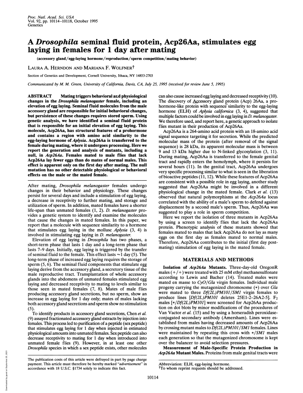 A Drosophila Seminal Fluid Protein, Acp26aa, Stimulates