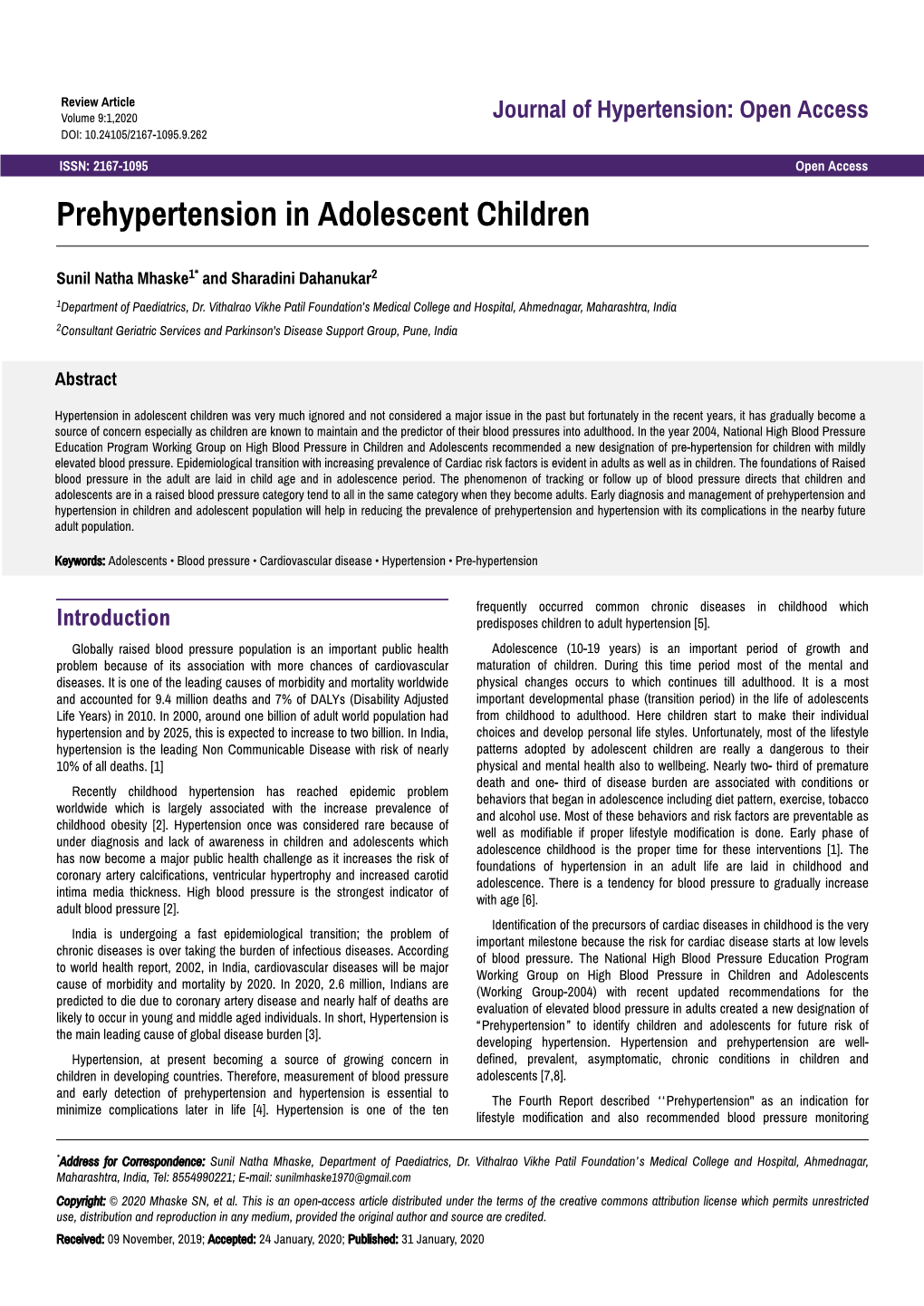 Prehypertension in Adolescent Children