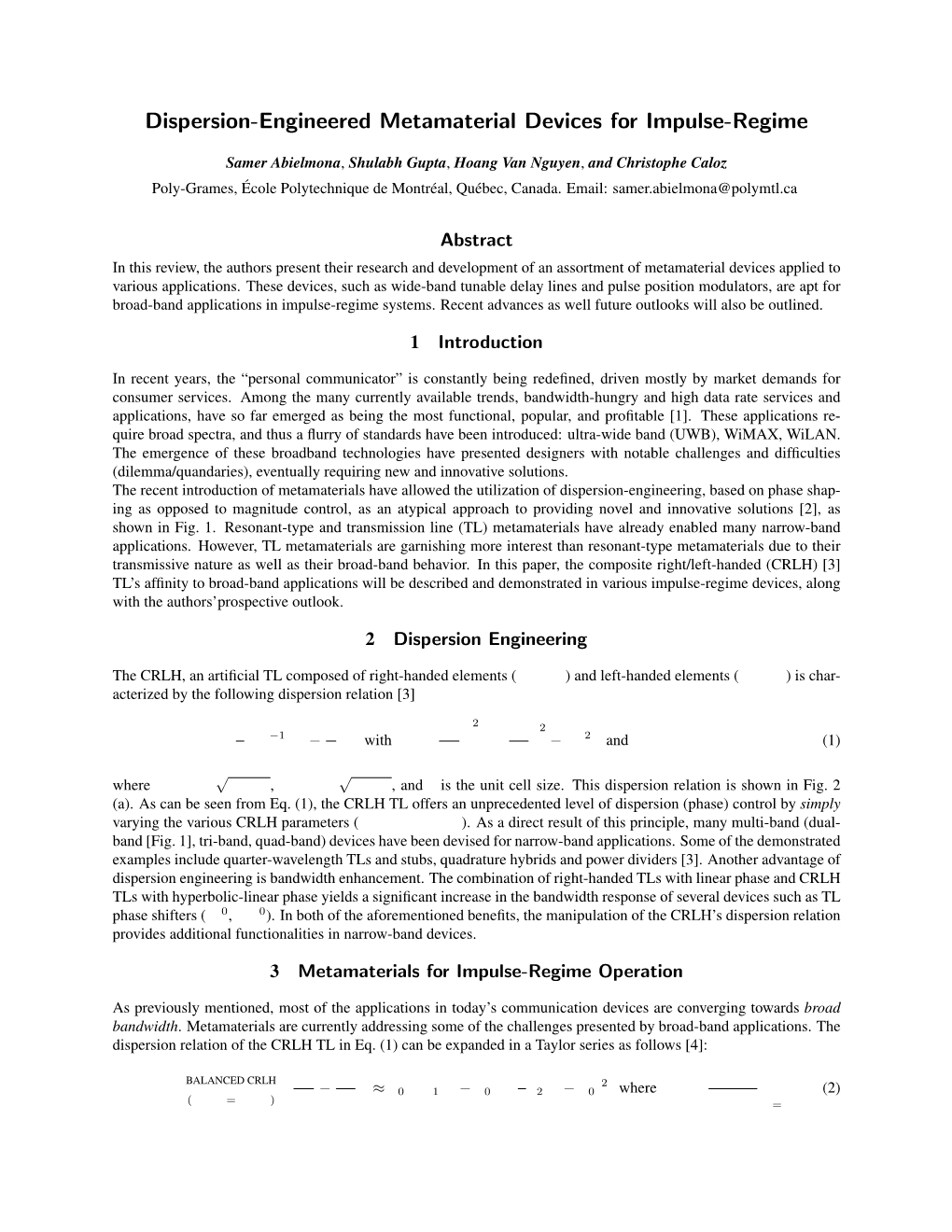 Dispersion-Engineered Metamaterial Devices for Impulse-Regime