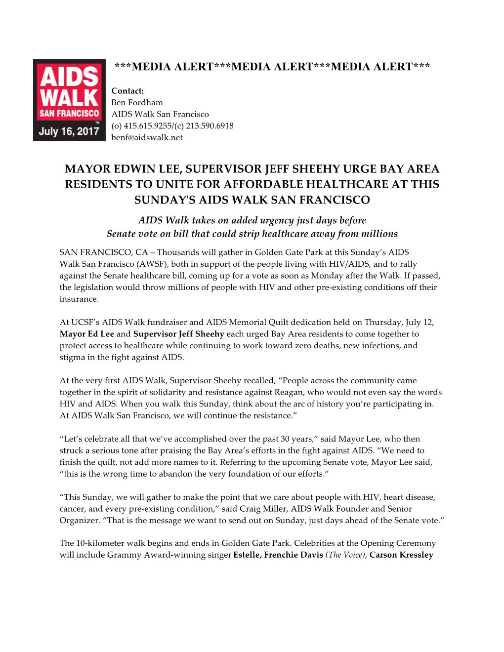 Mayor Edwin Lee, Supervisor Jeff Sheehy Urge Bay Area Residents to Unite for Affordable Healthcare at This Sunday's Aids Walk San Francisco