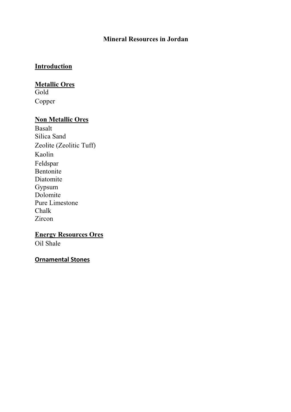 Mineral Resources in Jordan Introduction Metallic Ores Gold