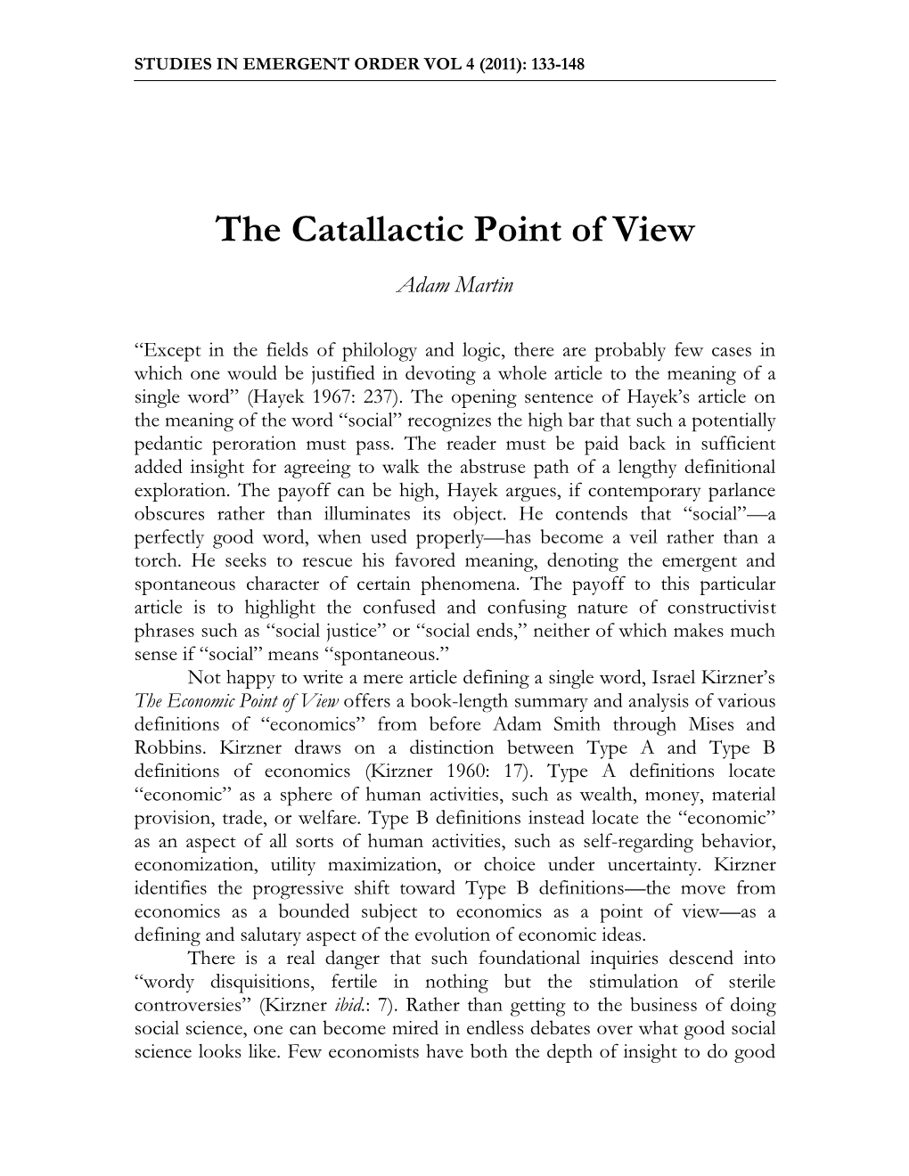 The Catallactic Point of View