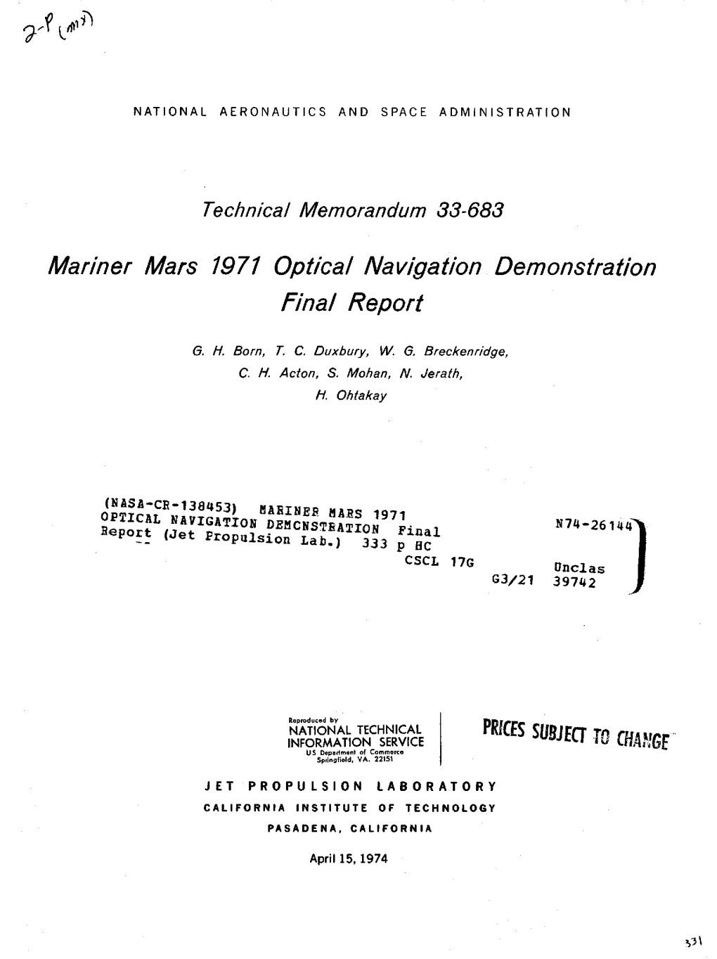 Mariner Mars 1971 Optical Navigation Demonstration Final Report