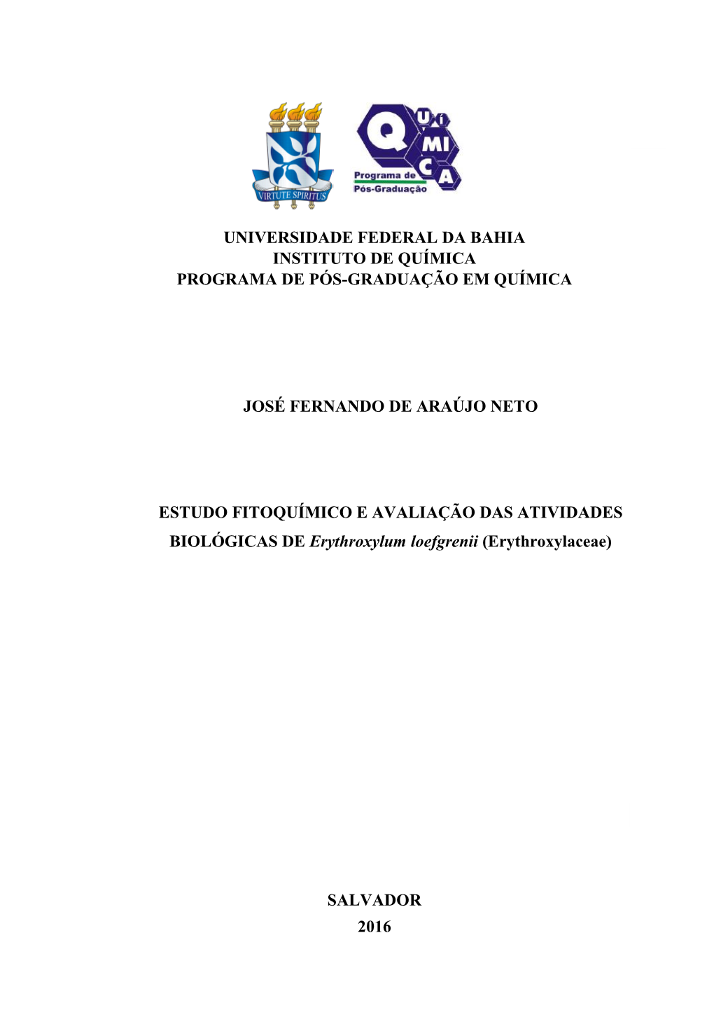 Universidade Federal Da Bahia Instituto De Química Programa De Pós-Graduação Em Química