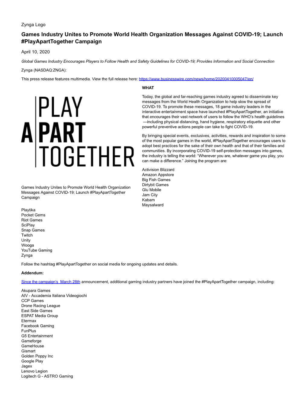 Games Industry Unites to Promote World Health Organization Messages Against COVID-19; Launch #Playaparttogether Campaign