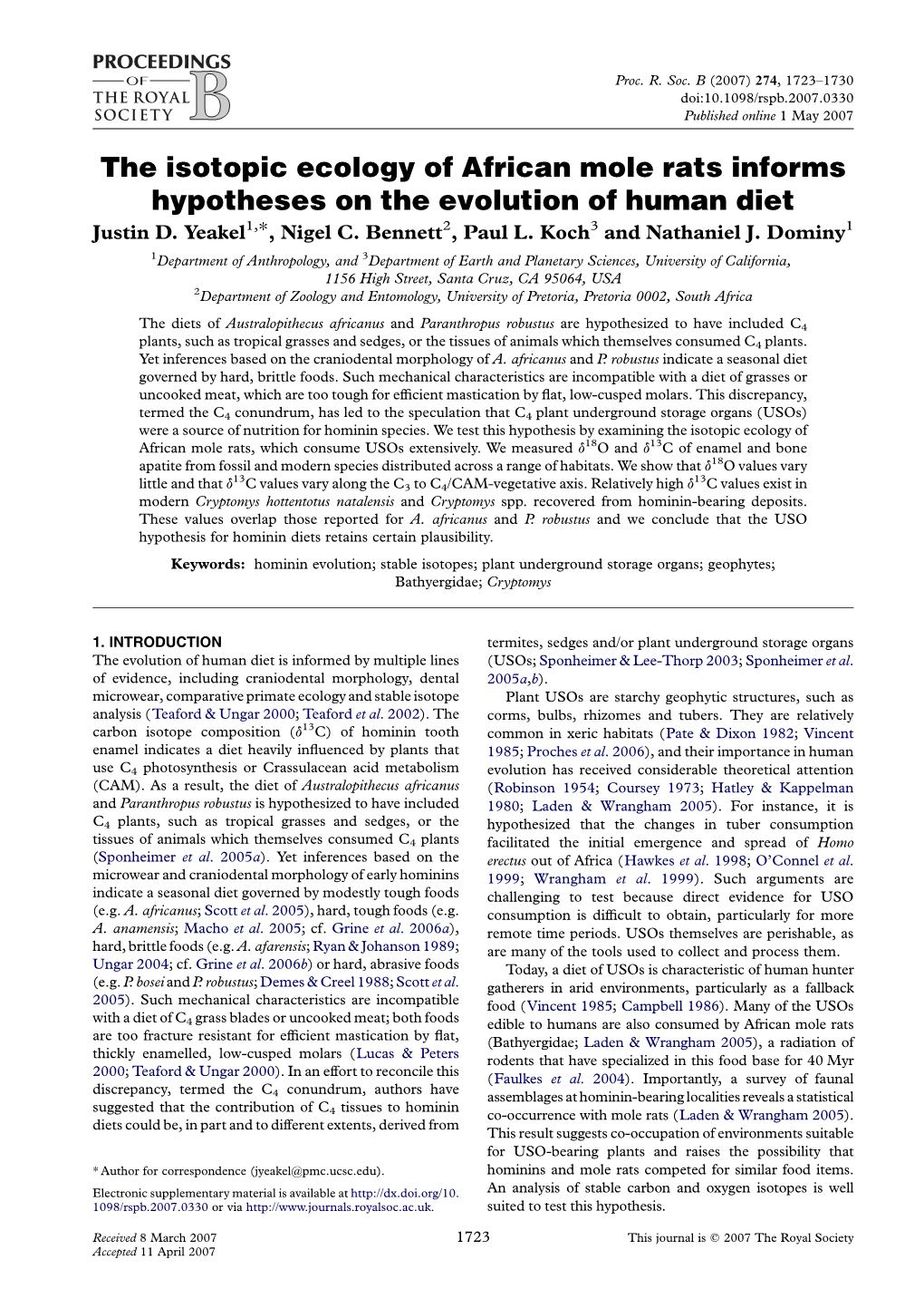 The Isotopic Ecology of African Mole Rats Informs Hypotheses on the Evolution of Human Diet Justin D