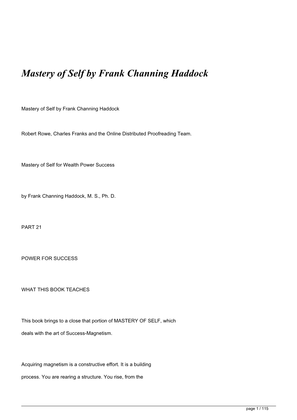 <H1>Mastery of Self by Frank Channing Haddock