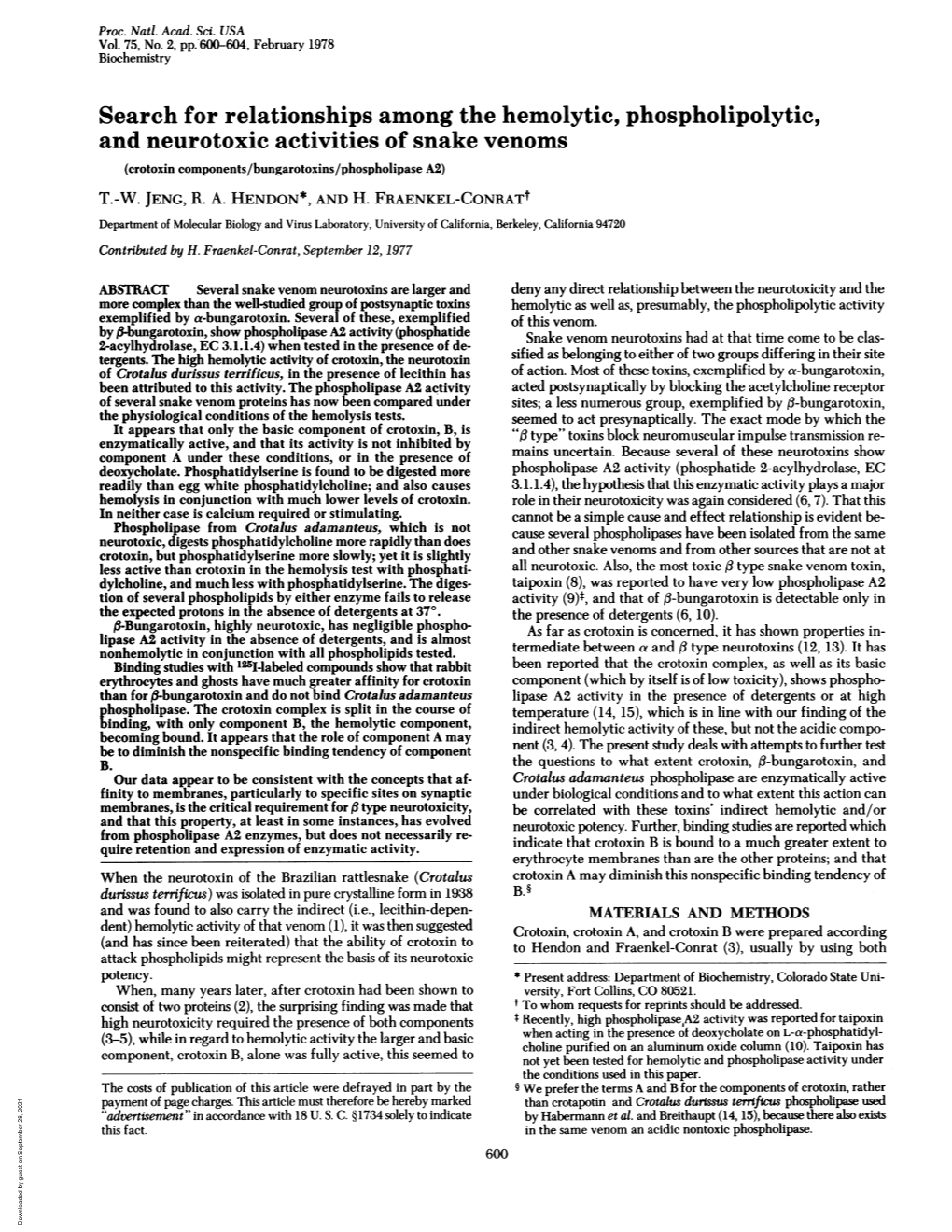 Search for Relationships Among the Hemolytic, Phospholipolytic, and Neurotoxic Activities of Snake Venoms (Crotoxin Components/Bungarotoxins/Phospholipase A2) T.-W