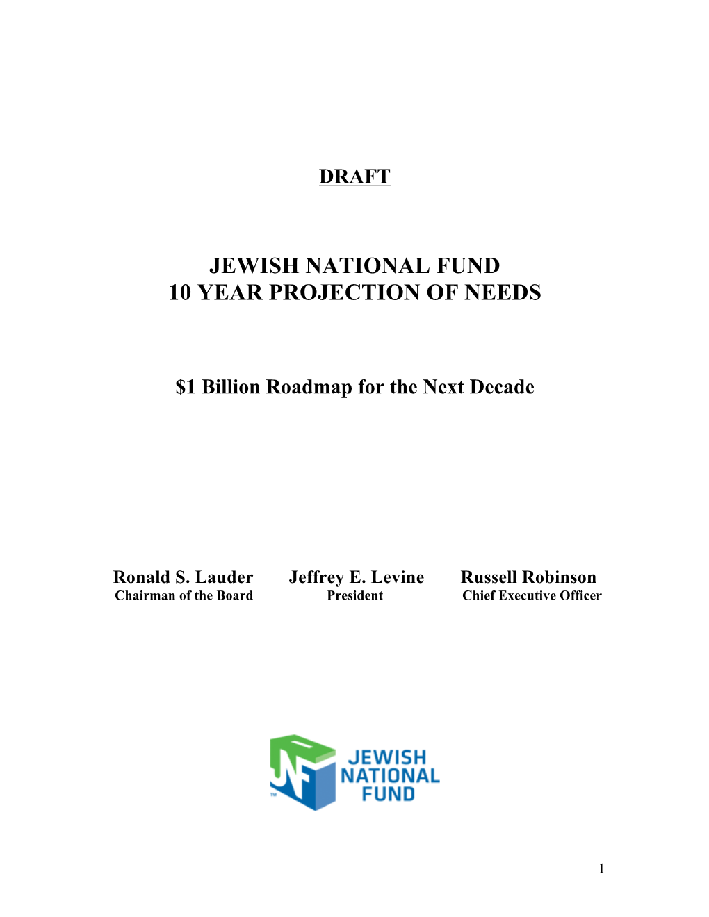 Jewish National Fund 10 Year Projection of Needs