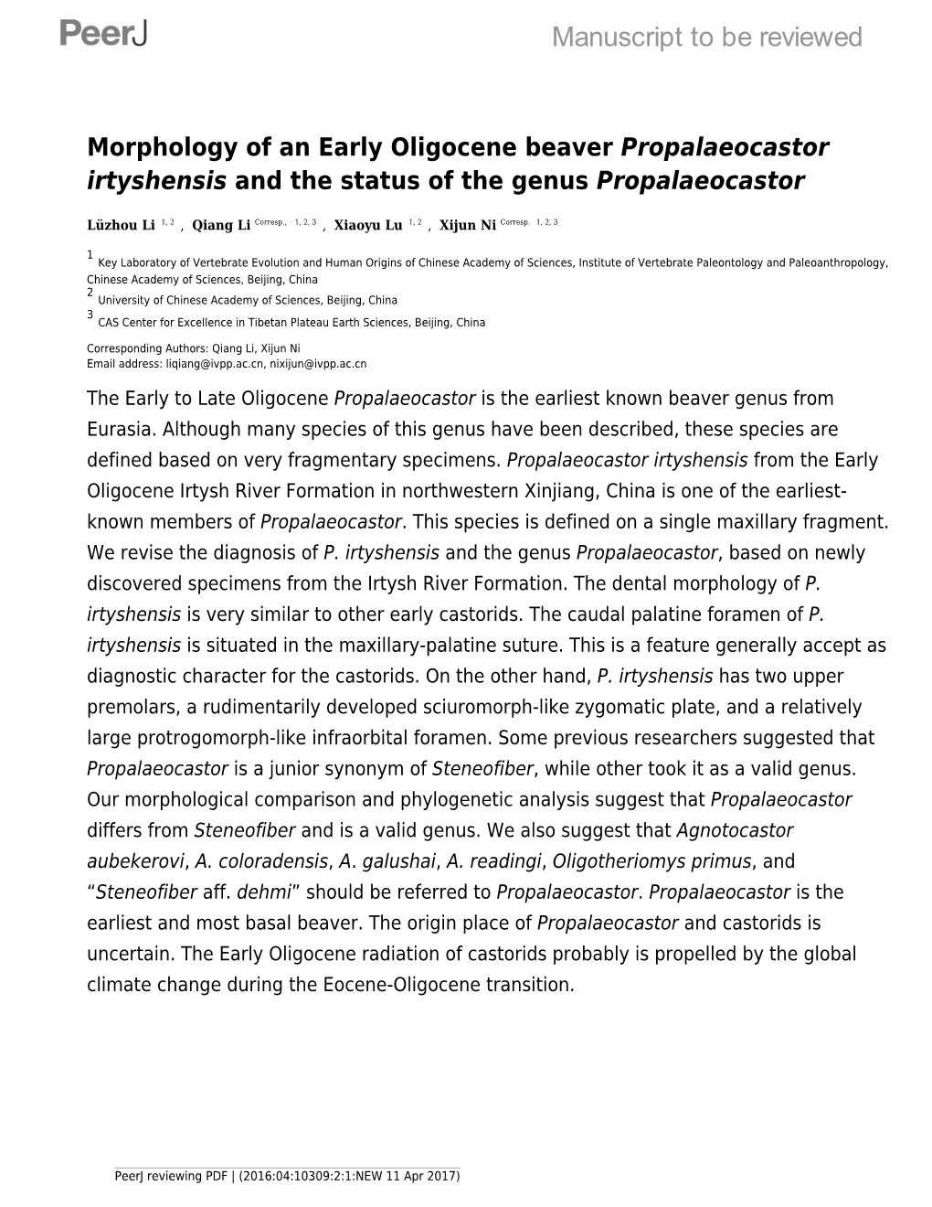 Morphology of an Early Oligocene Beaver Propalaeocastor Irtyshensis and the Status of the Genus Propalaeocastor