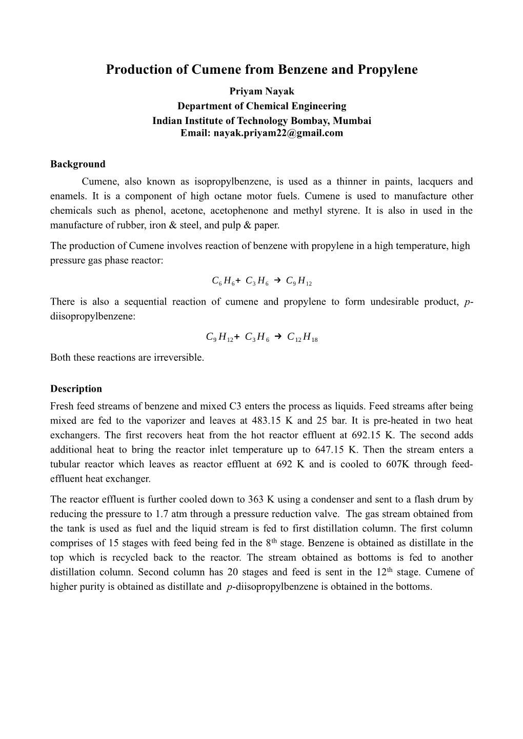 Production of Cumene from Benzene and Propylene