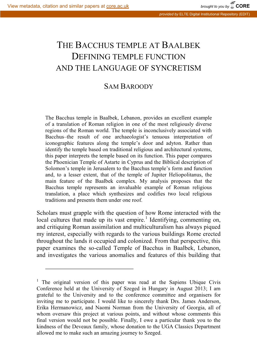 The Bacchus Temple at Baalbek Defining Temple Function and the Language of Syncretism