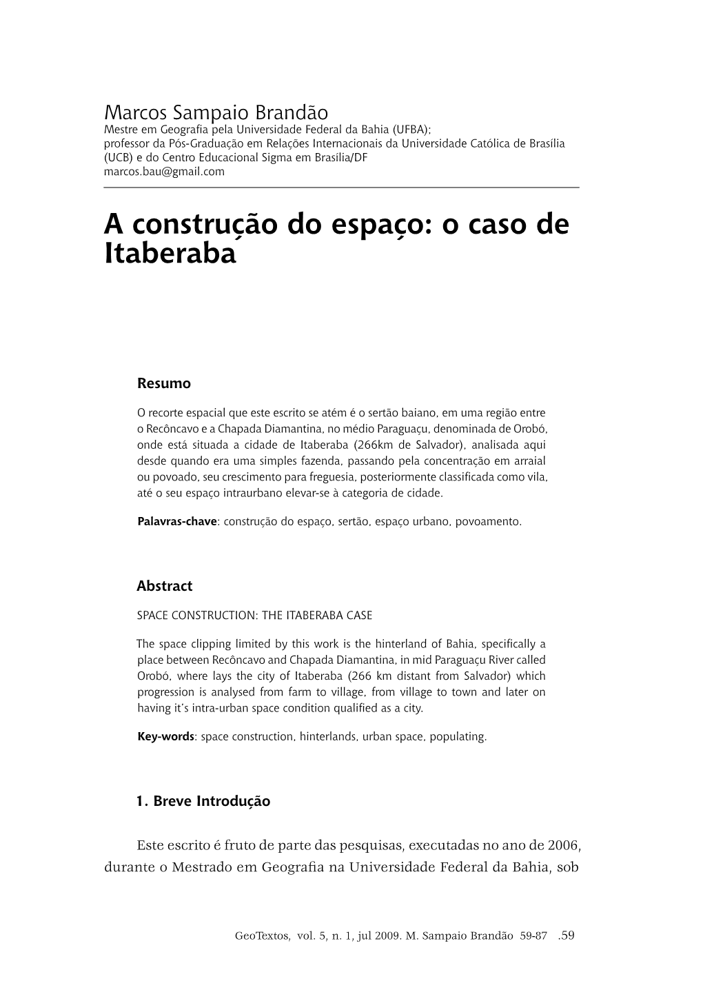 A Construção Do Espaço: O Caso De Itaberaba