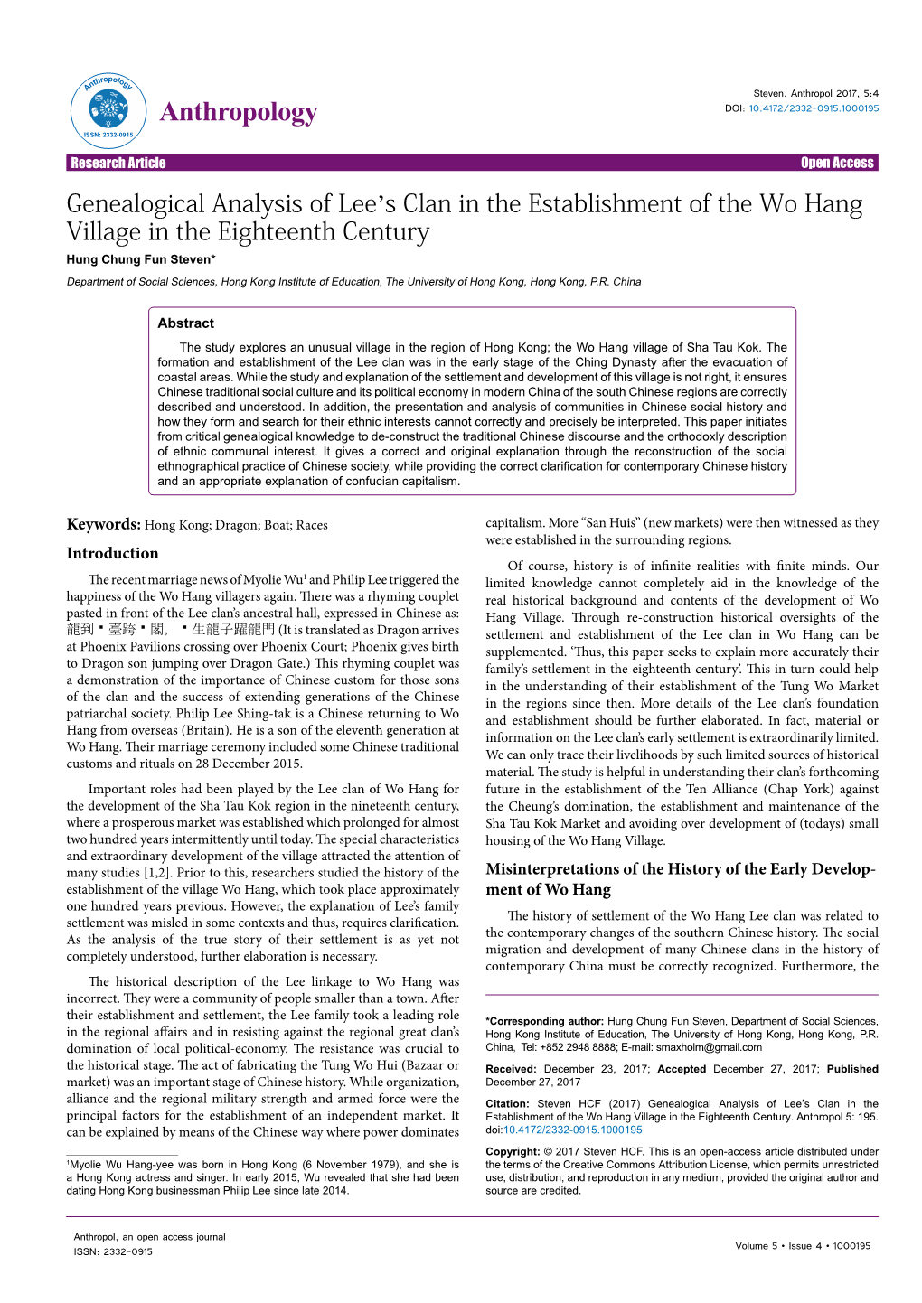 Genealogical Analysis of Lee's Clan in the Establishment of the Wo Hang Village in the Eighteenth Century