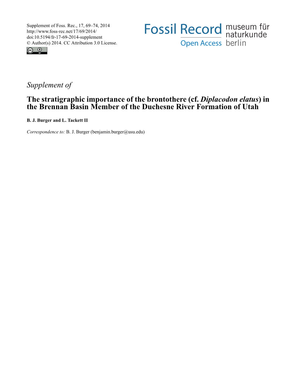 Supplement of the Stratigraphic Importance of the Brontothere (Cf