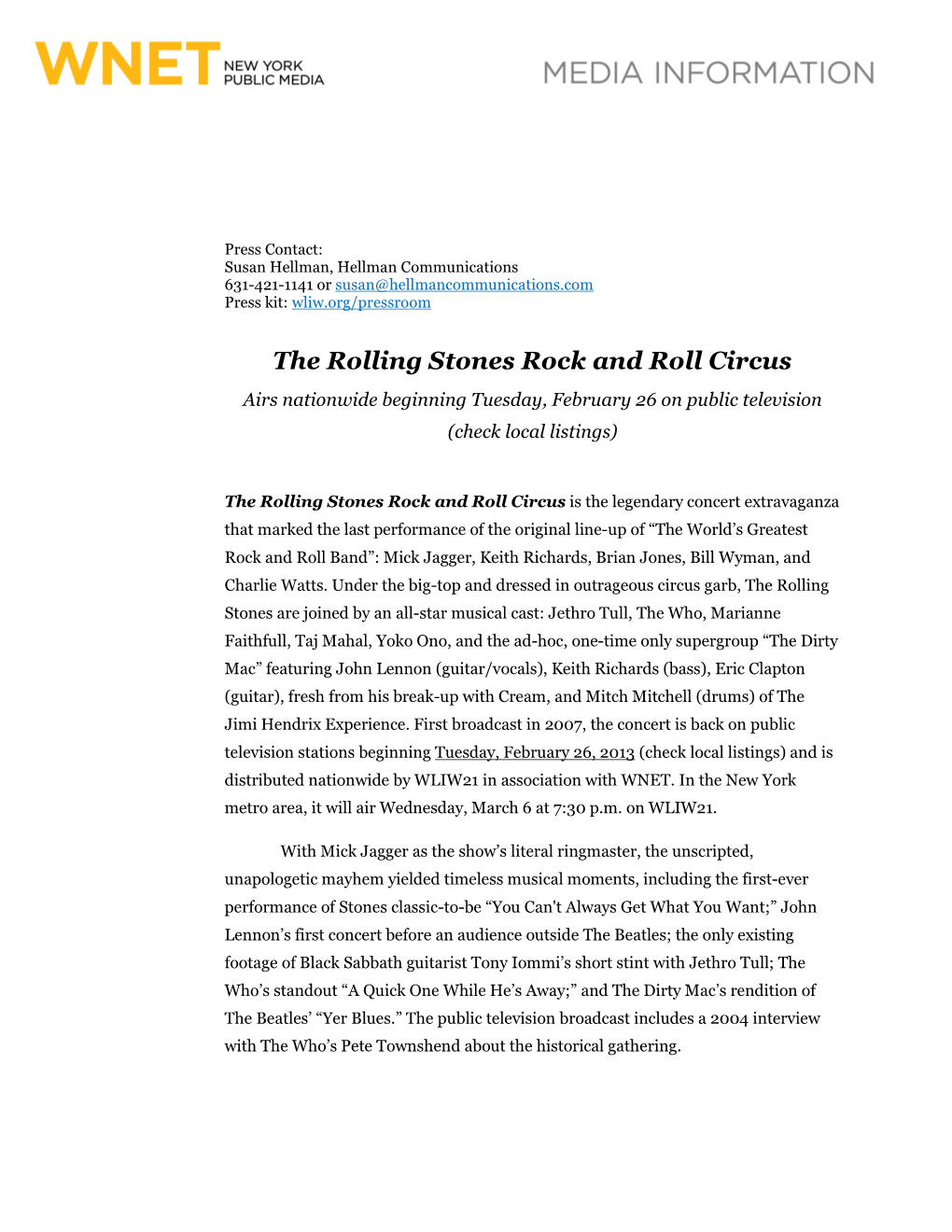 The Rolling Stones Rock and Roll Circus Airs Nationwide Beginning Tuesday, February 26 on Public Television (Check Local Listings)