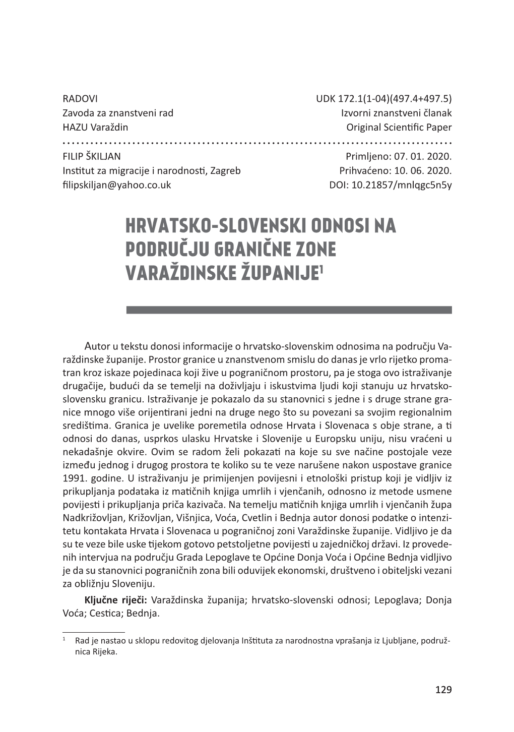 Hrvatsko-Slovenski Odnosi Na Području Granične Zone Varaždinske Županije1