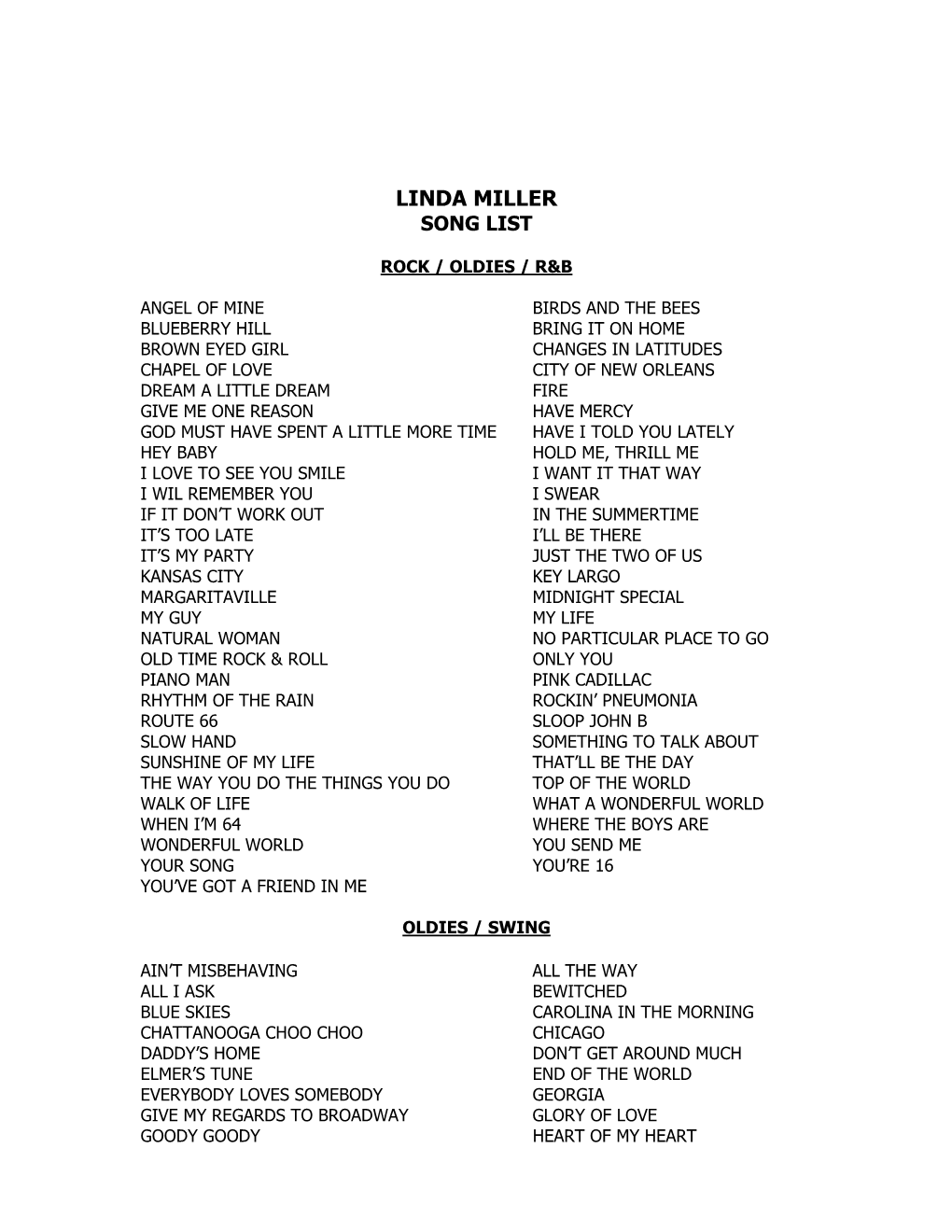 Linda Sparrow Song List