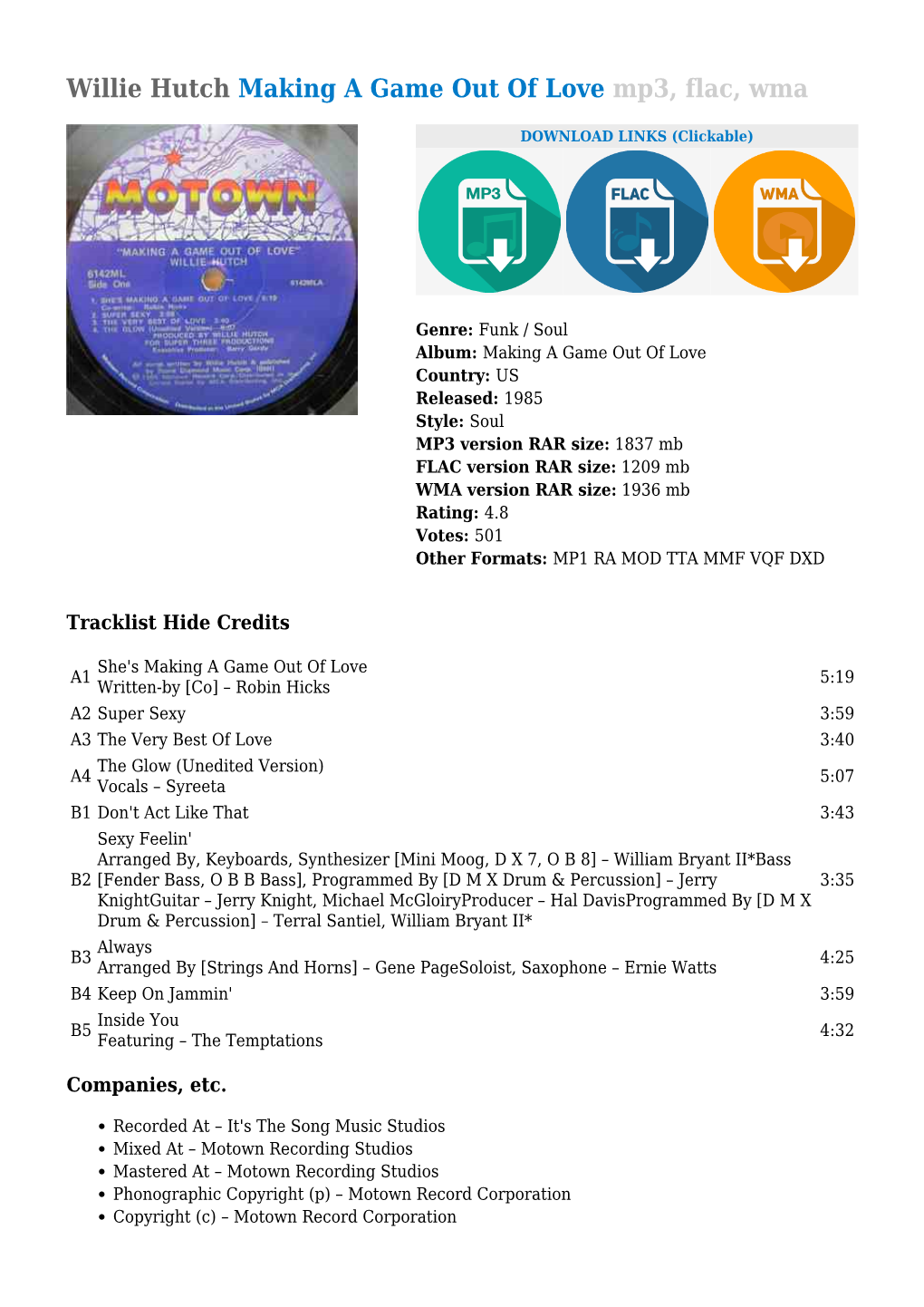 Willie Hutch Making a Game out of Love Mp3, Flac, Wma