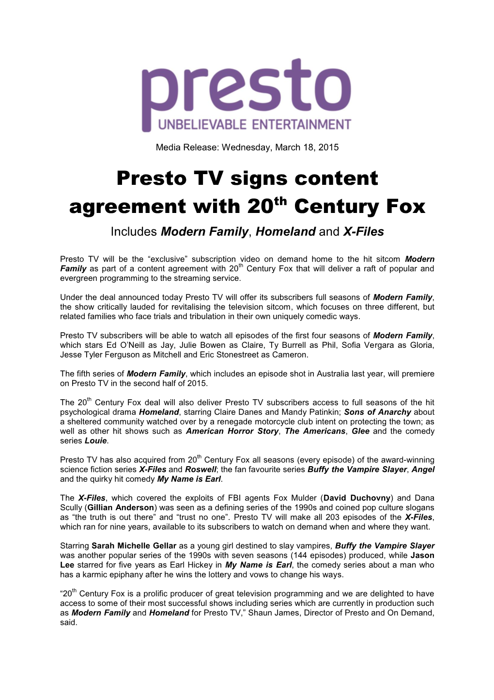 Presto TV Signs Content Agreement with 20Th Century