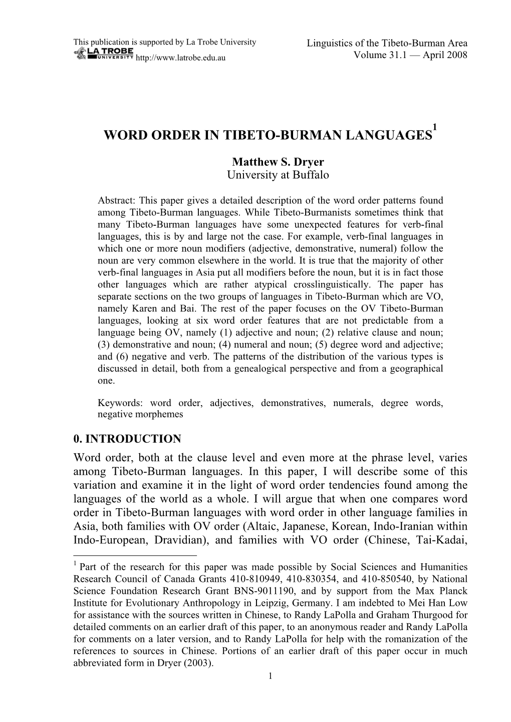 Word Order in Tibeto-Burman Languages