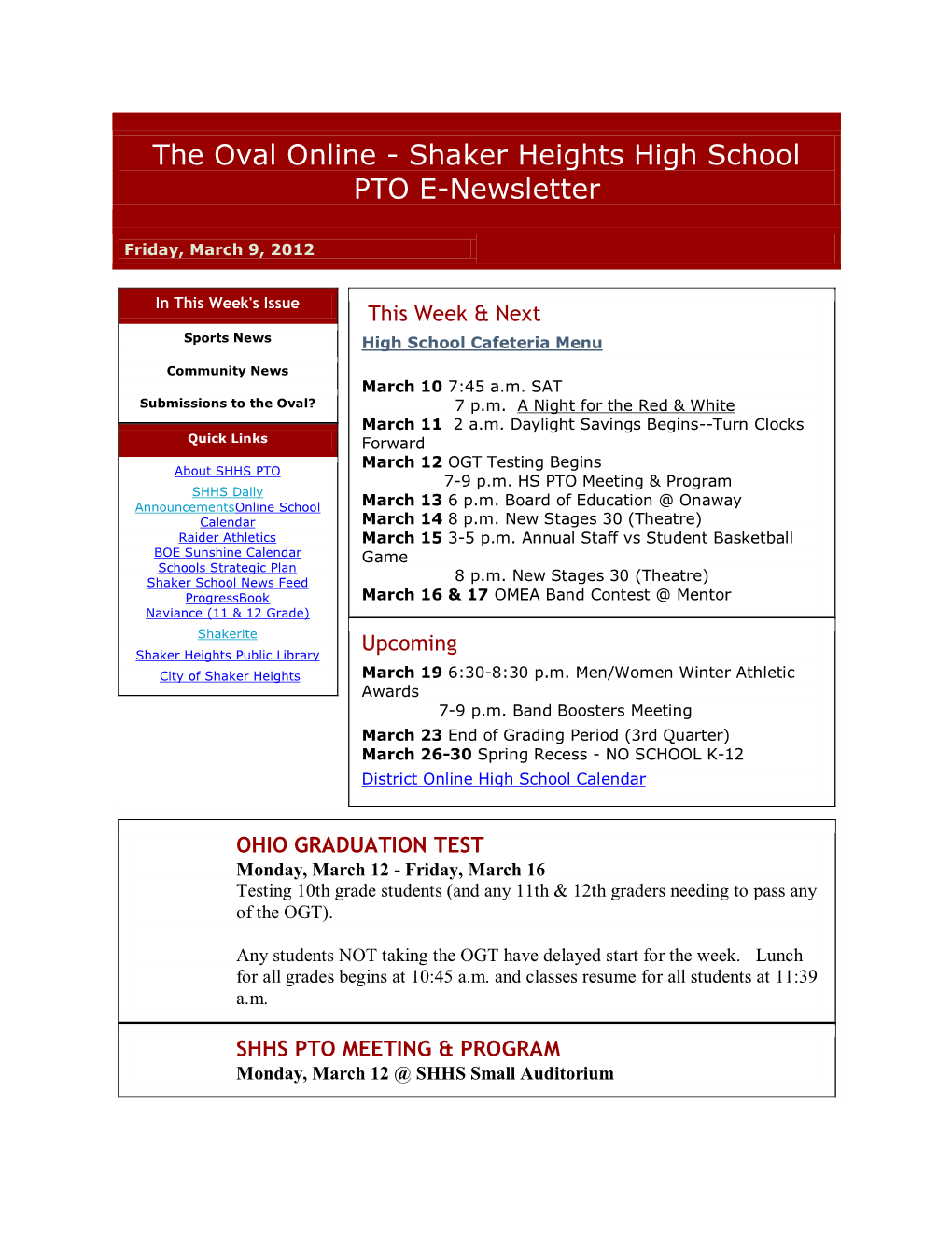 The Oval Online - Shaker Heights High School PTO E-Newsletter