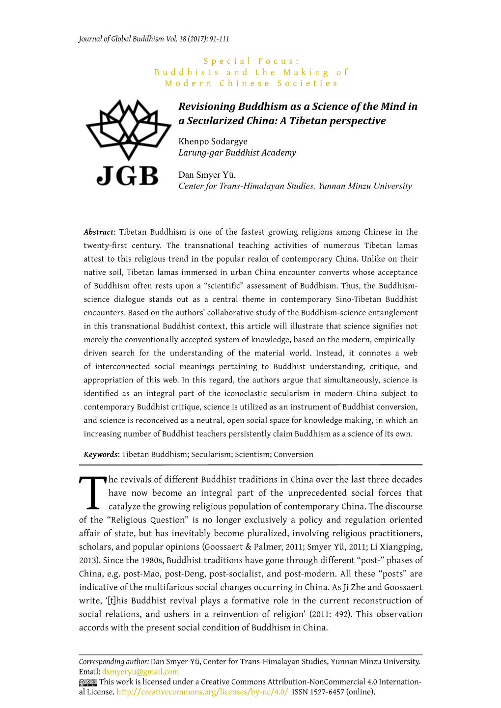 Revisioning Buddhism As a Science of the Mind in a Secularized China: a Tibetan Perspective