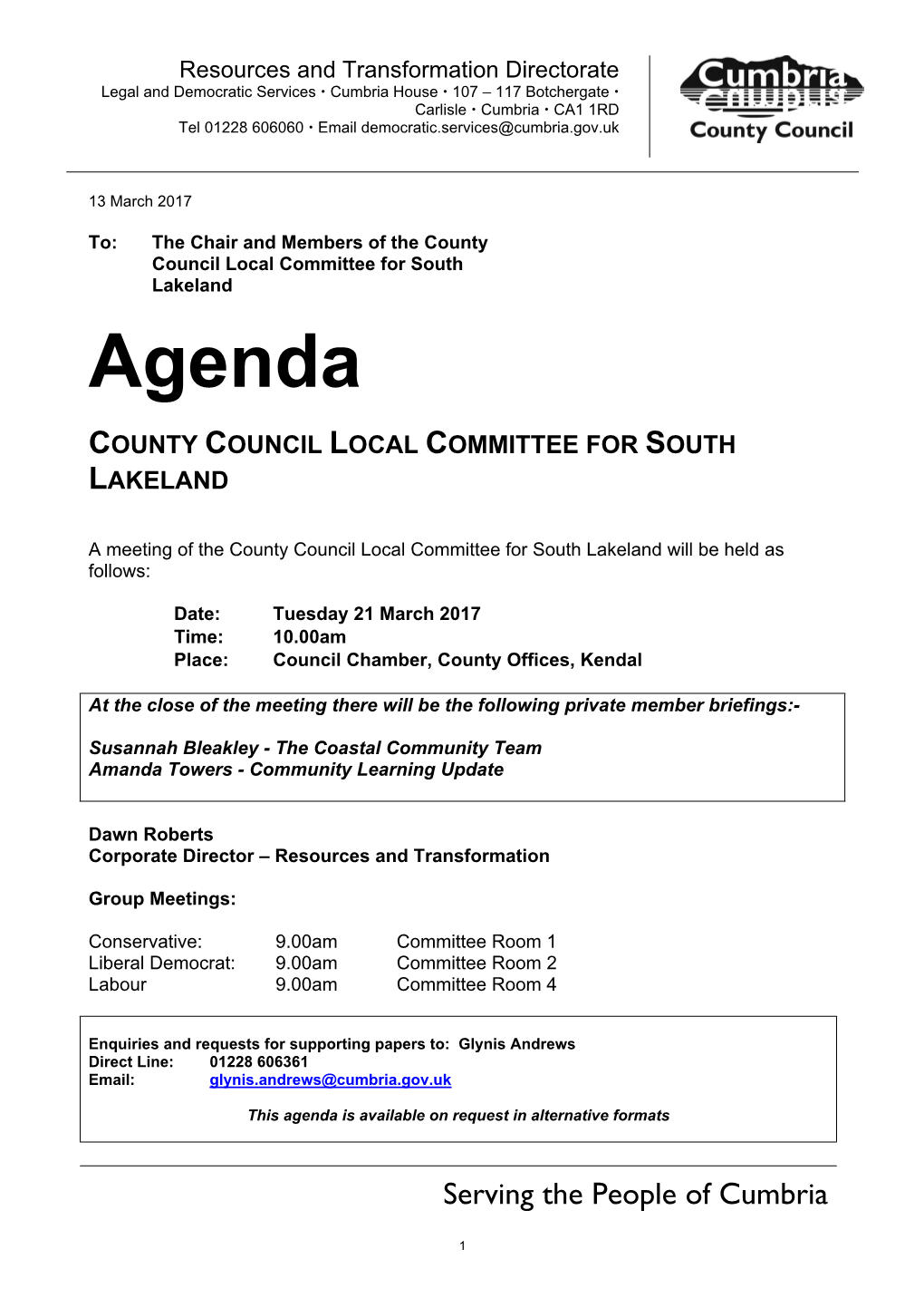 (Public Pack)Agenda Document for County Council Local Committee for South Lakeland, 21/03/2017 10:00