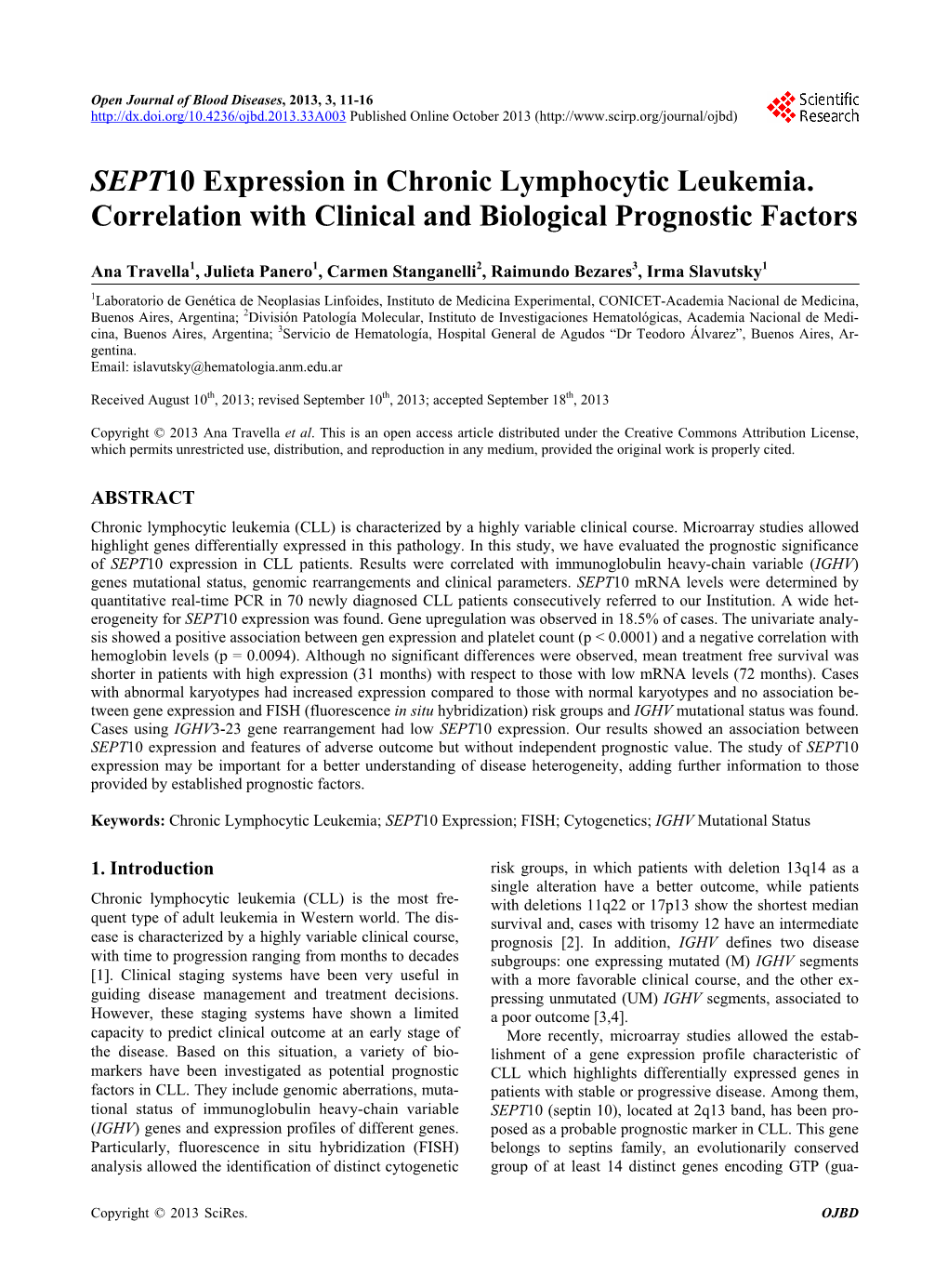 SEPT10 Expression in Chronic Lymphocytic Leukemia. Correlation with Clinical and Biological Prognostic Factors