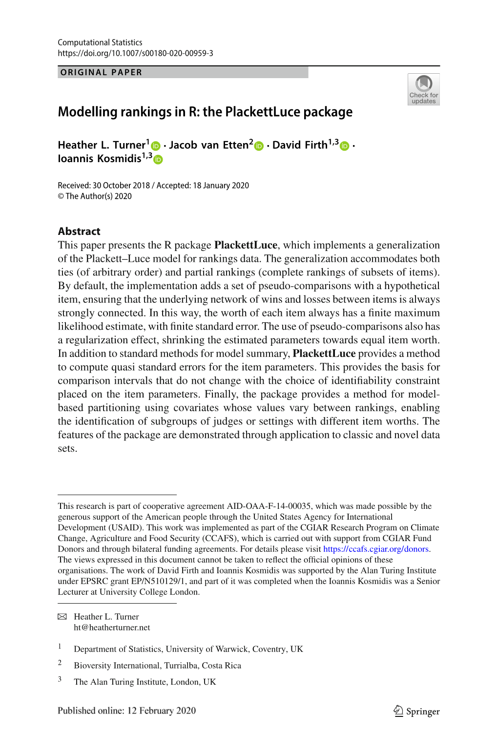 Modelling Rankings in R: the Plackettluce Package