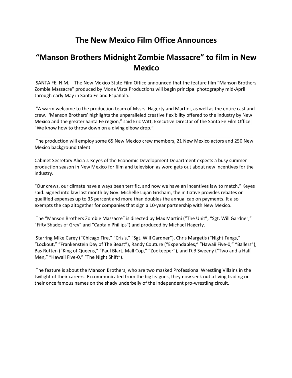 “Manson Brothers Midnight Zombie Massacre” to Film in New Mexico