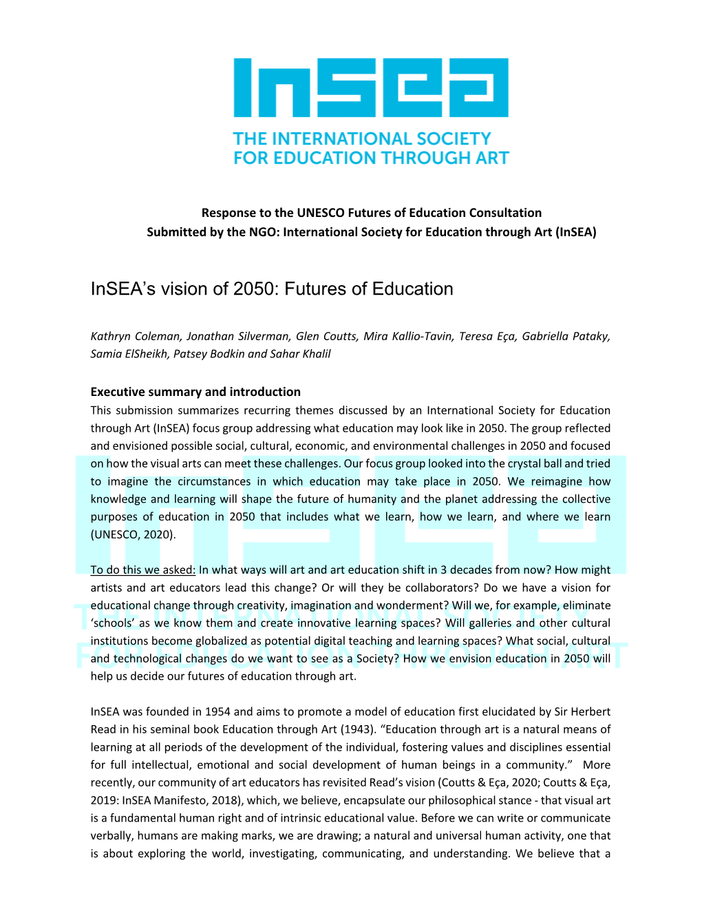 Response to the UNESCO Futures of Education Consultation Submitted by the NGO: International Society for Education Through Art (Insea)