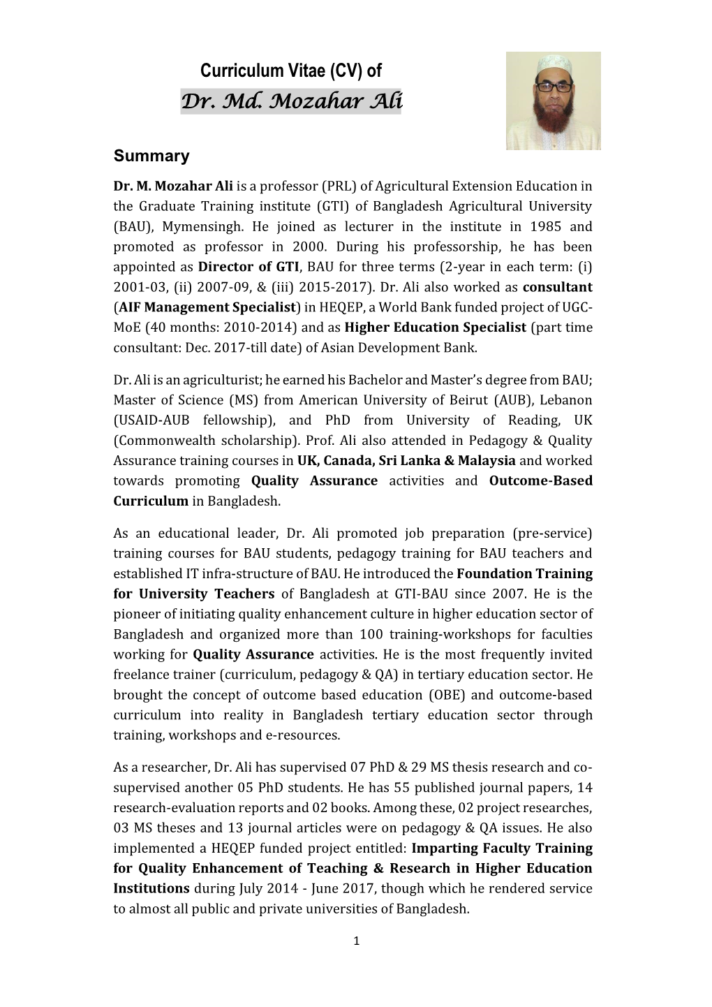 (CV) of Dr. Md. Mozahar Ali